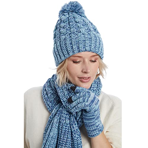 Fleece Lined Cable Knit Beanie Hat Scarf Glove Set - Image 8