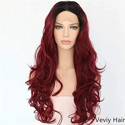 Glueless Half Hand Tied Middle Part Ombre Dark Red Lace Front Wig - Image 2