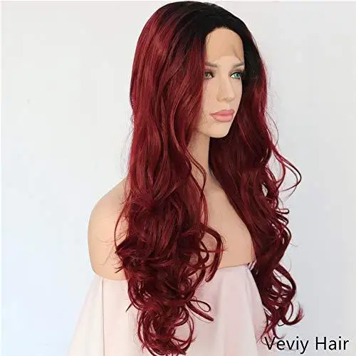 Glueless Half Hand Tied Middle Part Ombre Dark Red Lace Front Wig - Image 3