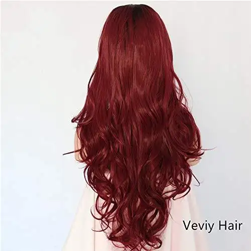 Glueless Half Hand Tied Middle Part Ombre Dark Red Lace Front Wig - Image 4
