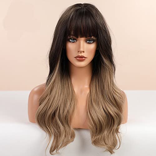 Heat Friendly Long Wavy Ombre Dark Brown Hair Wig with Bangs - Image 2
