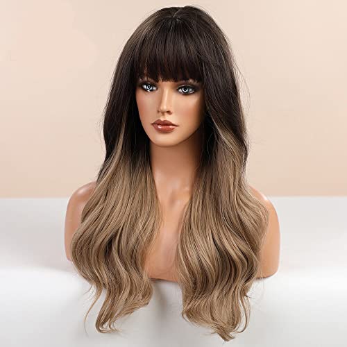 Heat Friendly Long Wavy Ombre Dark Brown Hair Wig with Bangs - Image 3