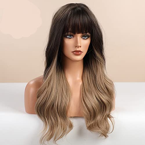 Heat Friendly Long Wavy Ombre Dark Brown Hair Wig with Bangs - Image 4