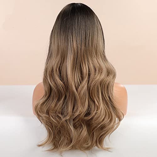 Heat Friendly Long Wavy Ombre Dark Brown Hair Wig with Bangs - Image 5