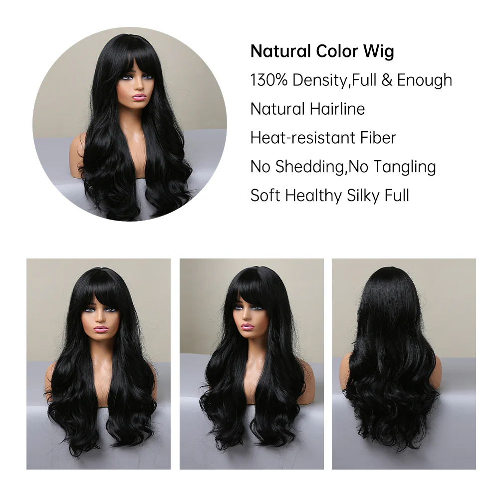 Heat Resistant Black Long Wavy Synthetic Wig with Bangs - Image 2