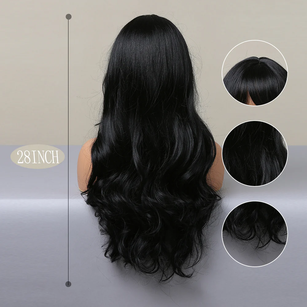Heat Resistant Black Long Wavy Synthetic Wig with Bangs - Image 3