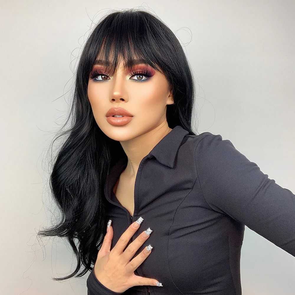 Heat Resistant Black Long Wavy Synthetic Wig with Bangs - Image 4