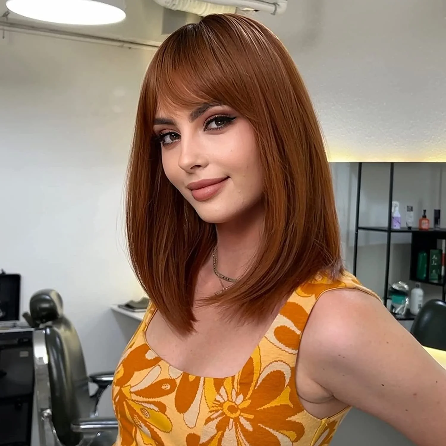 Human Hair Auburn Wig with bangs - Image 2