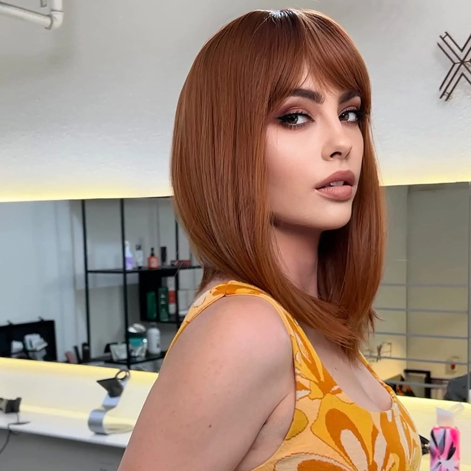 Human Hair Auburn Wig with bangs - Image 5