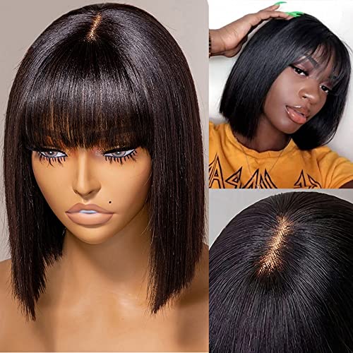 Human Hair Light Yaki Straight Bob Wig with Layered Bangs - Image 11