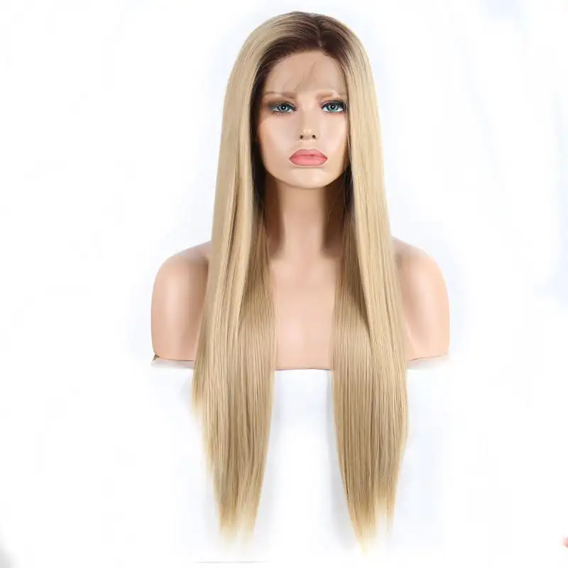 Janey Full Density Straight Hair Blonde Lace Front Wig with Dark Brown Roots - Image 2