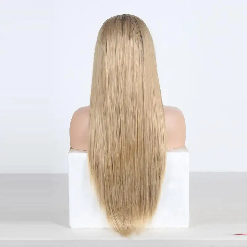 Janey Full Density Straight Hair Blonde Lace Front Wig with Dark Brown Roots - Image 4