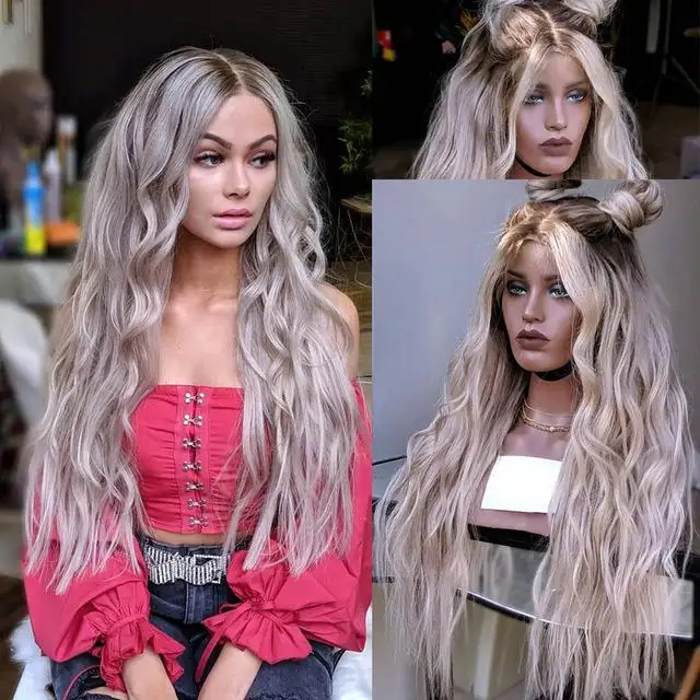 Kylee - Long Ash Blonde Ombre Lace Front Human Hair 13x4 Brazilian Remy Wave Wig - Image 3