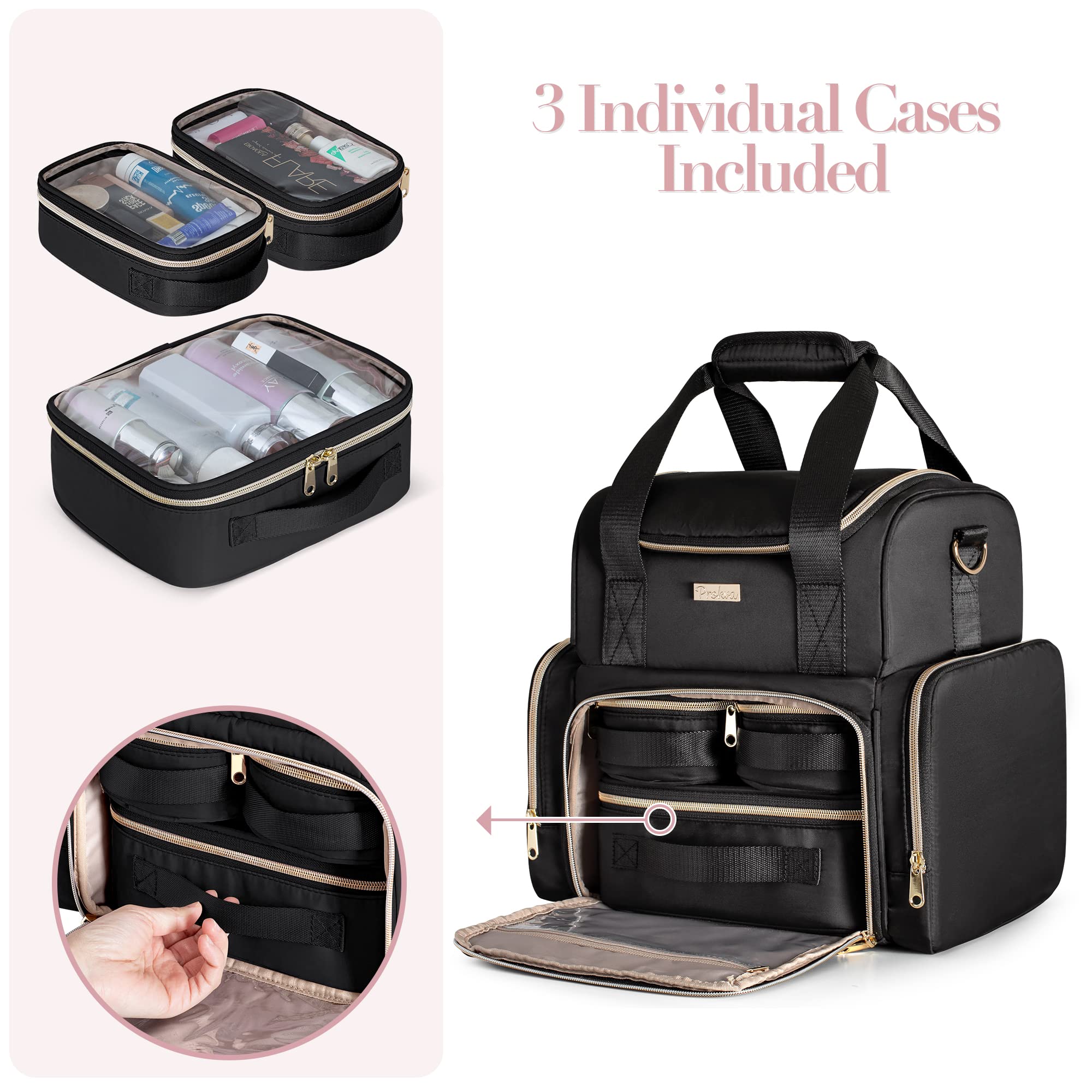 Large Makeup Cosmetic Bag with 3 Removable Cases - Image 9
