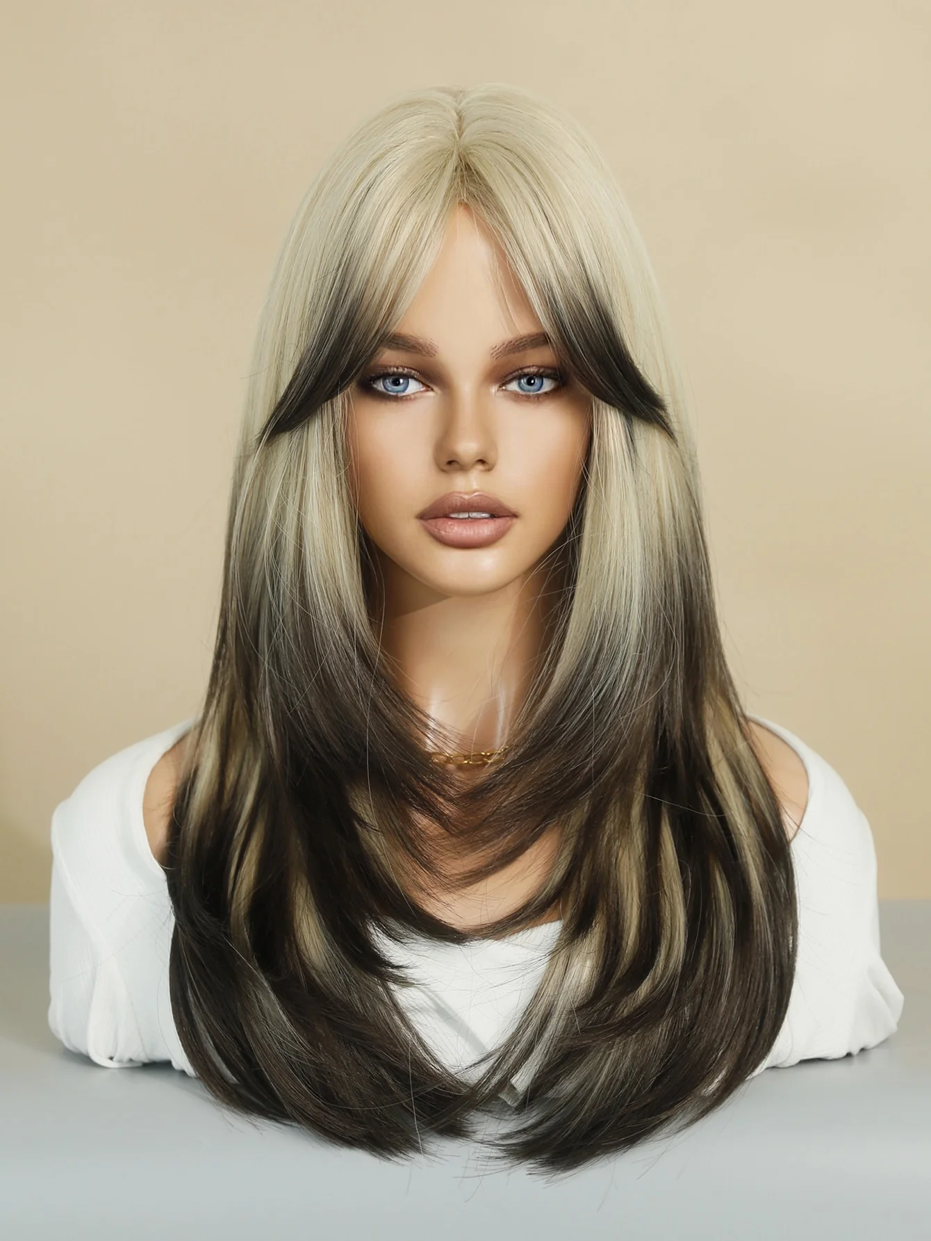 Layered Synthetic Long Ombre Blonde Wig With Dark Roots - Image 17