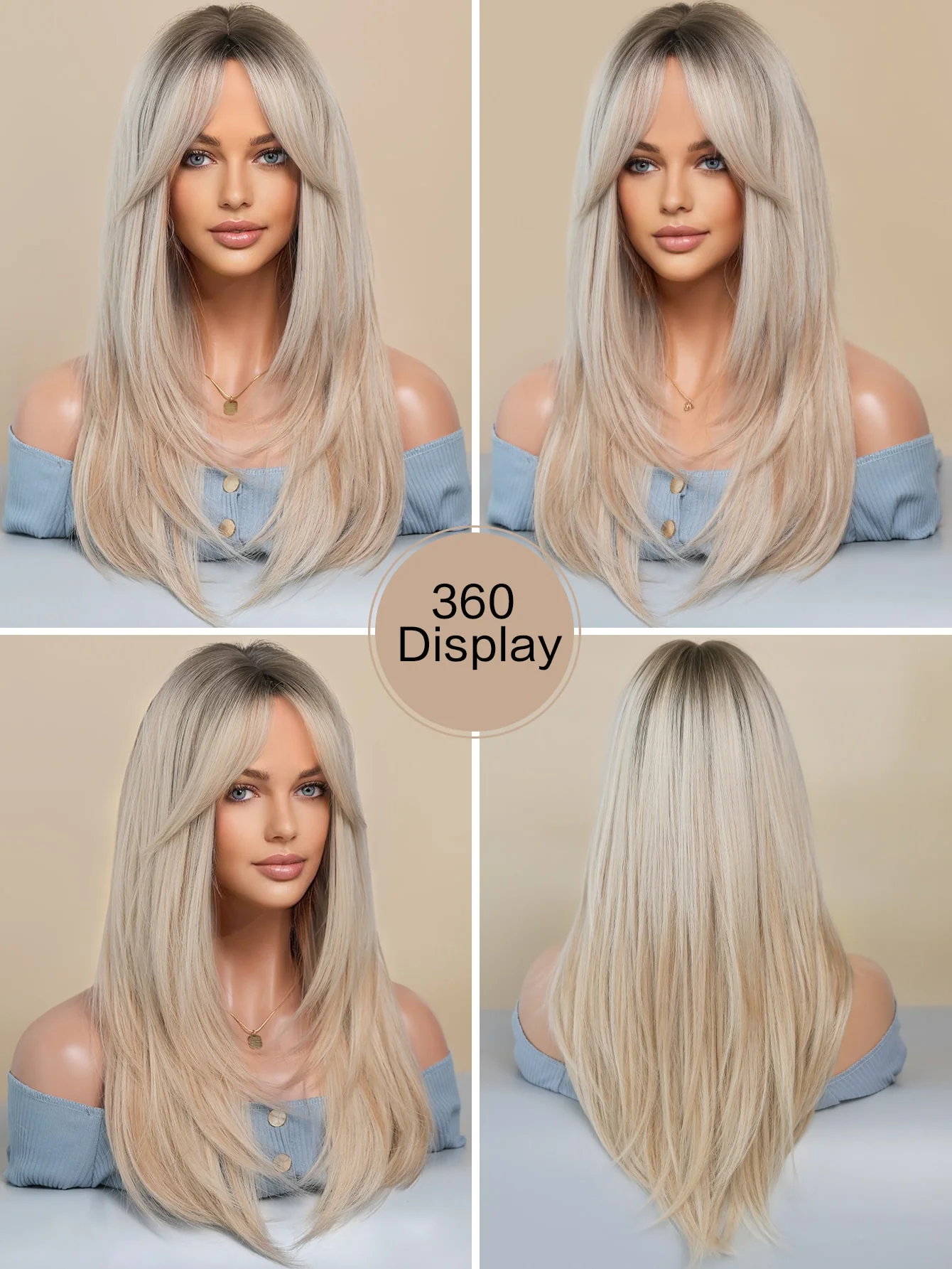 Layered Synthetic Long Ombre Blonde Wig With Dark Roots - Image 2