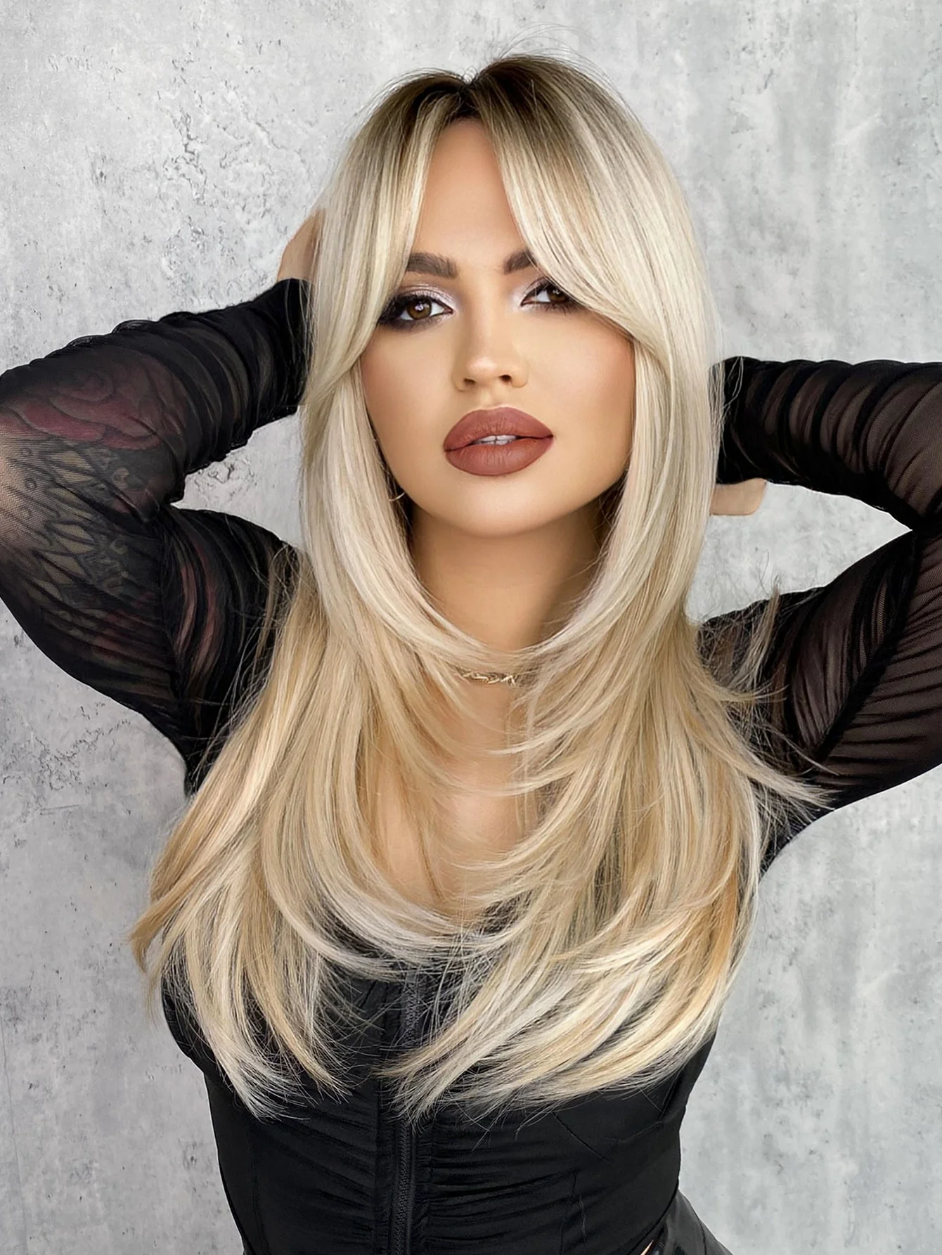 Layered Synthetic Long Ombre Blonde Wig With Dark Roots - Image 3