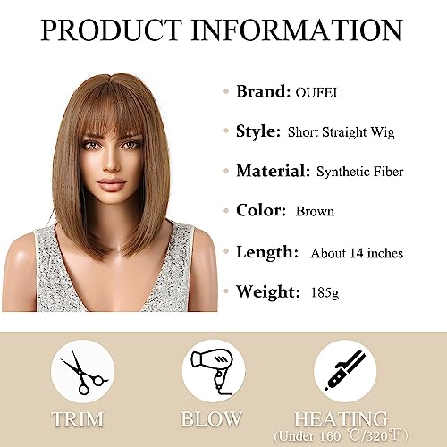 Light Golden Auburn Brown Bob Wig With Bangs - Image 2