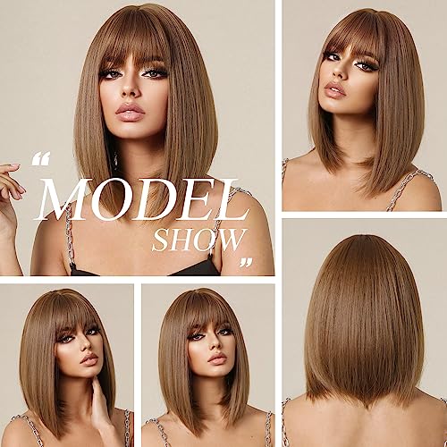 Light Golden Auburn Brown Bob Wig With Bangs - Image 5