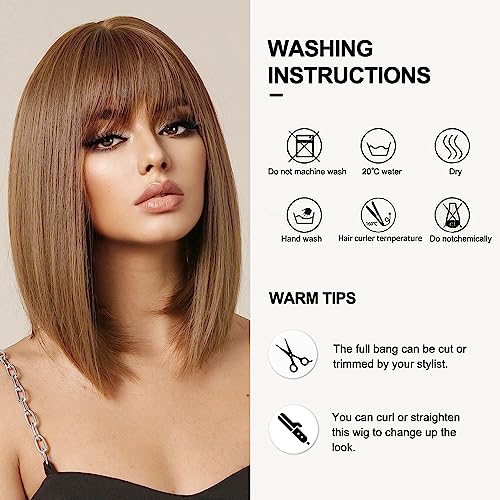 Light Golden Auburn Brown Bob Wig With Bangs - Image 6
