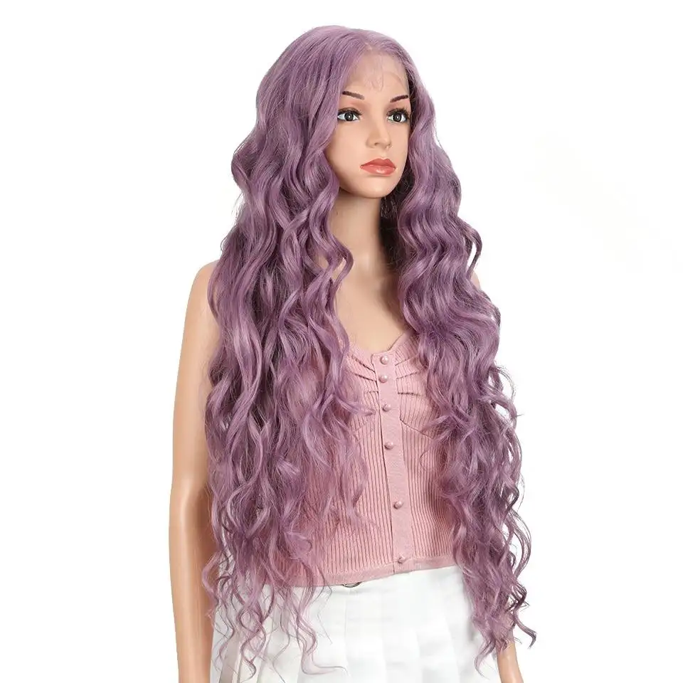 Lilac, Synthetic Lace Front Wigs Extra Long Deep Natural Wave Ombre Coloured Fashion Wig - Image 2