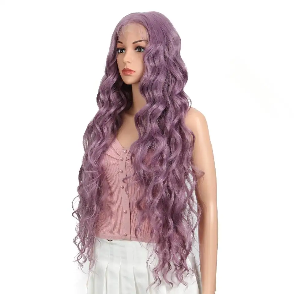 Lilac, Synthetic Lace Front Wigs Extra Long Deep Natural Wave Ombre Coloured Fashion Wig - Image 3