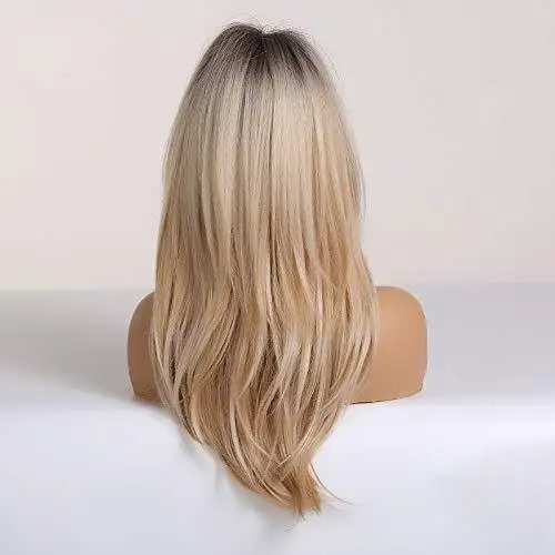 Long Blonde Layered Synthetic Hair Wig with Dark Roots - Image 2