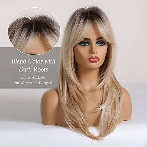 Long Blonde Layered Synthetic Hair Wig with Dark Roots - Image 3