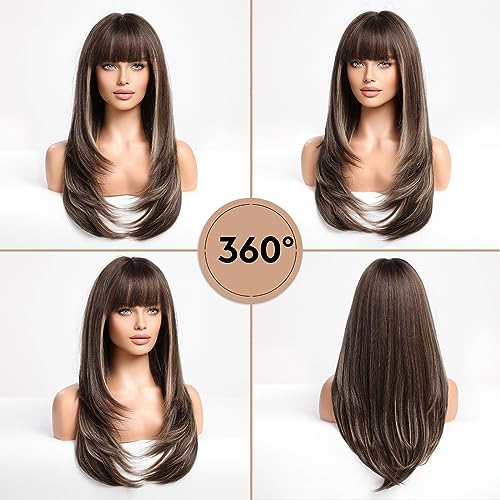 Long Dark Brown and Blonde Highlighted Wig - Image 2