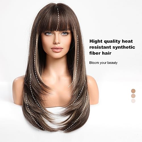 Long Dark Brown and Blonde Highlighted Wig - Image 3