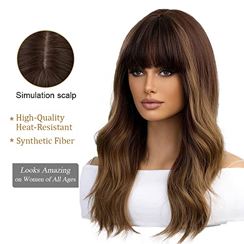 Long  Ombre Brown Wigs with bangs and body wave texture - Image 3