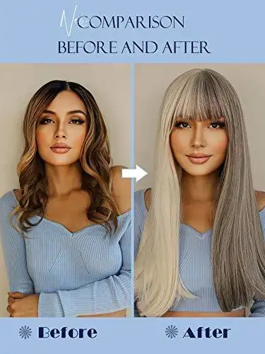 Long Straight Gray White Split Wig with Bangs - Image 2