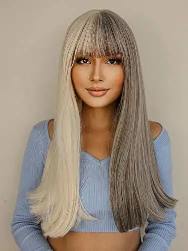 Long Straight Gray White Split Wig with Bangs - Image 3