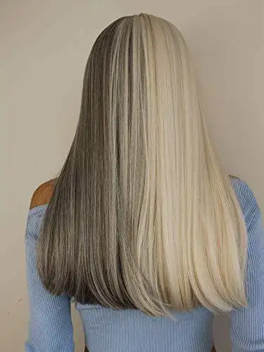 Long Straight Gray White Split Wig with Bangs - Image 5