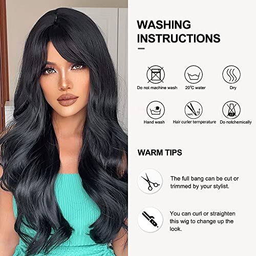 Long Wavy Black Wig With Bangs - Image 7