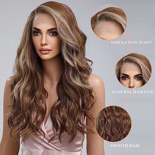Long Wavy Brown Highlight Blonde Lace Wig - Image 3