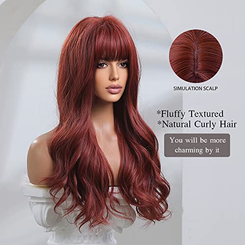 Long Wavy Burgundy Heat Resistant Wig with bangs - Image 2