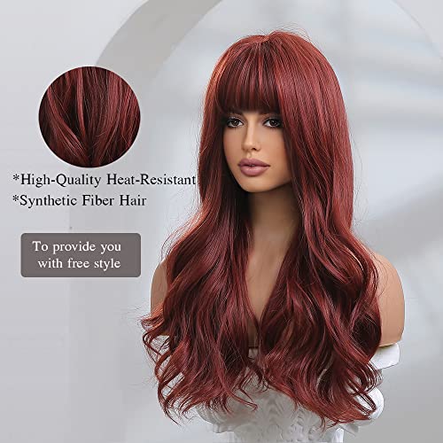 Long Wavy Burgundy Heat Resistant Wig with bangs - Image 3