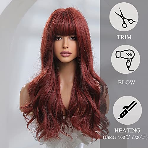 Long Wavy Burgundy Heat Resistant Wig with bangs - Image 5