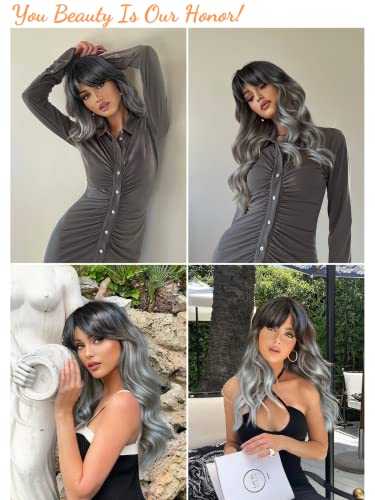 Long Wavy Ombre Grey Wig with Bangs - Image 2
