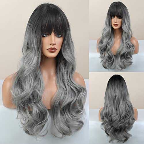 Long Wavy Ombre Grey Wig with Bangs - Image 3