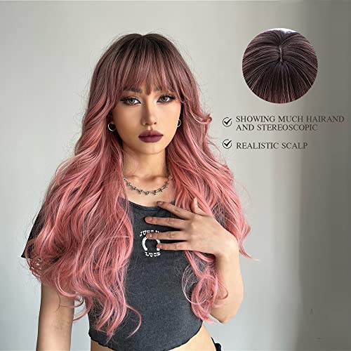 Long Wavy Ombre Pink wig with Bangs - Image 2