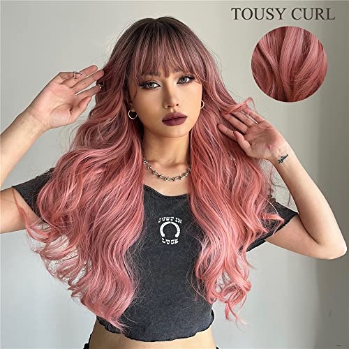Long Wavy Ombre Pink wig with Bangs - Image 3