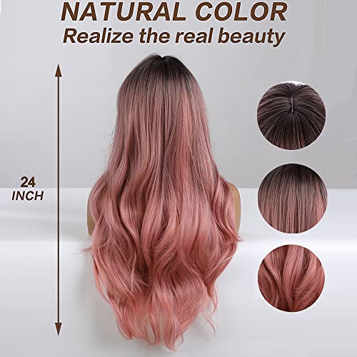 Long Wavy Ombre Pink wig with Bangs - Image 4