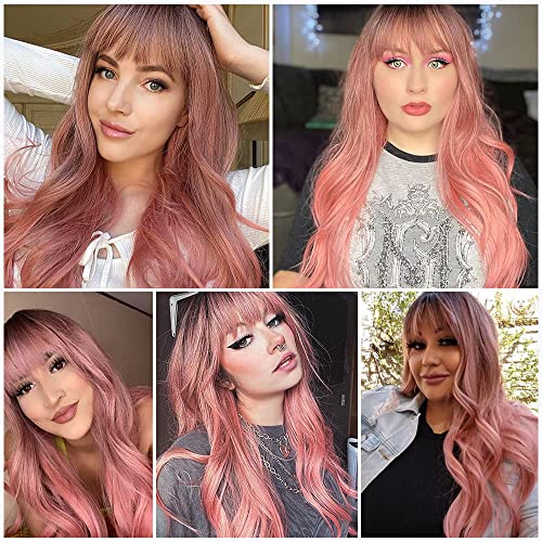 Long Wavy Ombre Pink wig with Bangs - Image 5