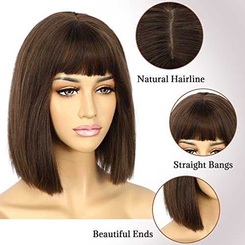 Medium Brown Bob Wig with Bangs - Image 2