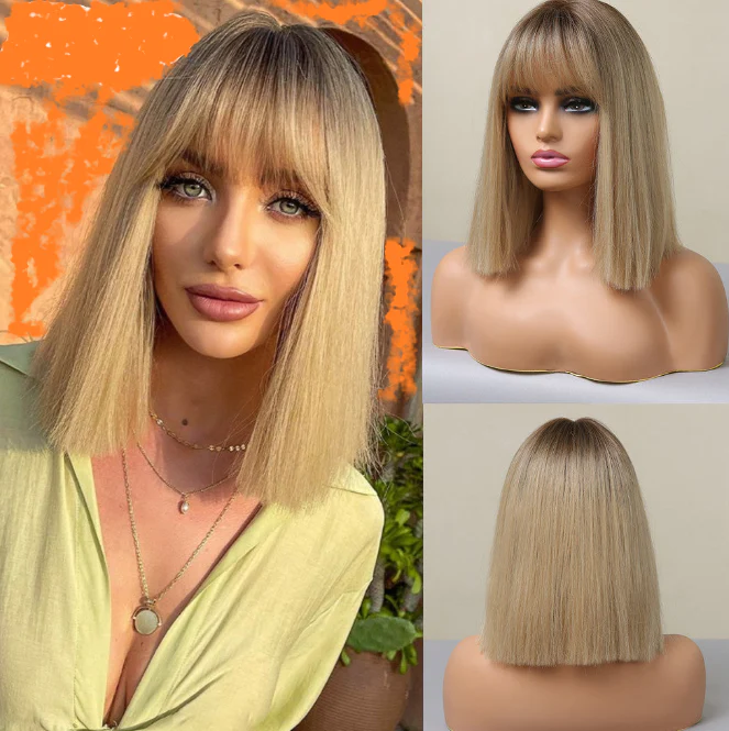 Medium Length Blonde Wig with Bangs - Image 3
