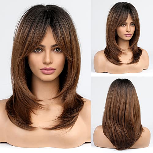 Medium length layered heat resistant wig with bangs - Image 22