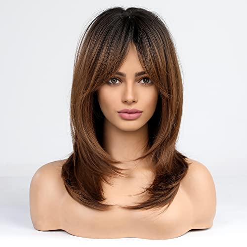 Medium length layered heat resistant wig with bangs - Image 23