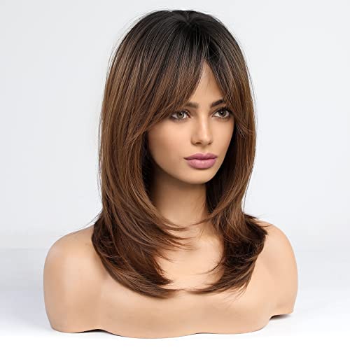 Medium length layered heat resistant wig with bangs - Image 24